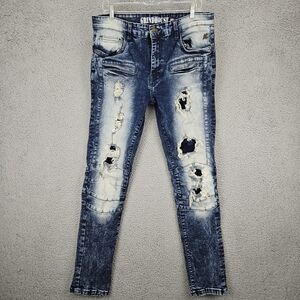 Grindhouse Slim Straight Washed Dark Blue Ripped Stretch Denim Jeans Men 34x32